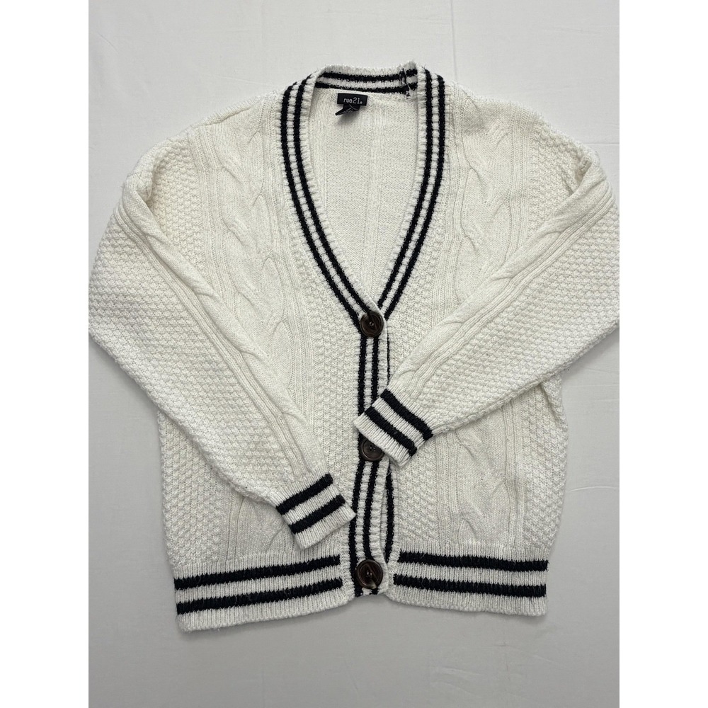 Rue21 Cardigan‎ Sweater Juniors XS White Cable Knit V Neck Button Striped Trim
